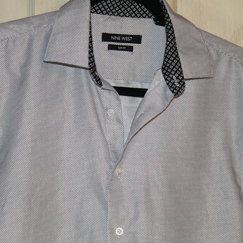 Nine West Slim Fit black white men's long-sleeve button-down shirt M - Picture 2 of 7
